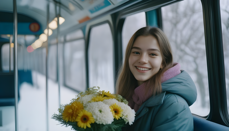 девушка, букет, автобус