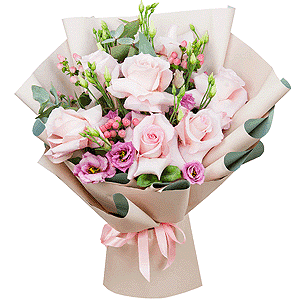 Rose Pink 50 cm Ecuador (Chelo, Hermosa, Novia, Titanik, Engagement, Pink Mondiale) - 11, Pink Lisianthus (Eustoma) - 4, Hypericum, Eucalyptus Cinerea, Wrapping Paper