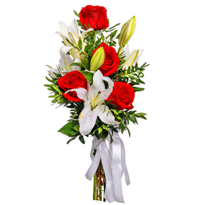 Red rose 50 cm - 6, Lilies - 3, Pistachio, Ribbon