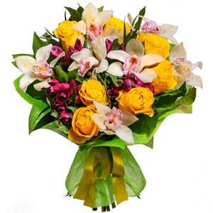 White Cymbidium Orchid Bud - 10, Yellow rose 50 cm - 10, Alstromeria lilac, purple - 7, Flask for orchids, Salal, Felt, Ribbon