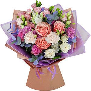 Peony rose Kahala 50 cm - 5, Pink rose 50 cm - 3, lisianthus - 2, Bright pink spray rose mix, 50 cm - 3, Carnation white, cream - 3, White rose 50 cm - 3, Pink Lisianthus (Eustoma) - 2, Hypericum, Eucalyptus Cinerea, Wrapping Paper