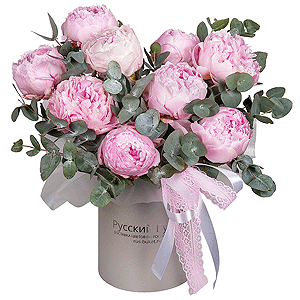 Peony pink - 13, Round flower box small , Oasis, Ribbon, Eucalyptus