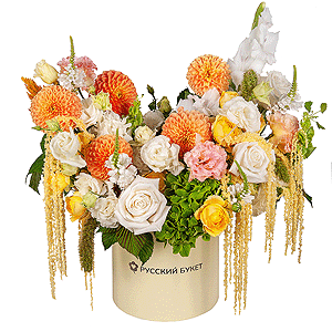 Orange Dahlia - 5, Green Hydrangea - 1, lisianthus - 4, White Gladiolus - 1, Spray rose: yellow, orange 50 cm - 8, White rose 50 cm Ecuador - 11, Round flower box medium, Oasis, Veronica spray, Astilbe, Amaranth stabilized,  Raspberry branch