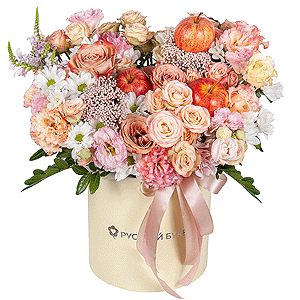 Bacardi White Spray Chrysanthemum - 2, Spray rose: white, cream, light pink 50 cm - 7, Роза Тоффи - 7, Pink Lisianthus (Eustoma) - 2, Round flower box medium, Oasis, Veronica spray, Ozotamnus, Pistachio,  Raspberry branch, Apple, 1 pc., Ribbon