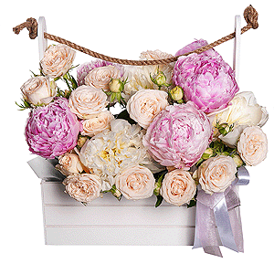 Peony pink - 3, Peony white - 4, Spray rose: white, cream, light pink 50 cm - 9, Wooden pot, Oasis, Ribbon