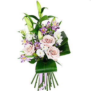 Lilies - 2, lisianthus - 4, Alstromeria lilac, purple - 3, Rose Powder 50 cm Ecuador (Quicksand, Menta) - 5, Limonium (1 pc.), Aspidistra (1 pc.), Ribbon