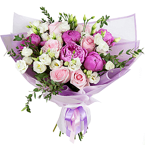 Peony pink - 9, Pink rose 50 cm - 11, lisianthus - 8, Eucalyptus parvifolia (1 pc.), Wrapping Paper