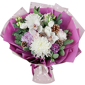 White Cymbidium Orchid Bud - 3, Magnum White Chrysanthemum - 3, Peony style roses - 5, Lilac carnation - 5, Magnum Purple Chrysanthemum - 3, Flask for orchids, Aspidistra (1 pc.), Eucalyptus Cinerea, Spruce branches (1pc.), Wrapping Paper, Christmas decor (set)