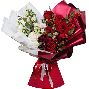 White rose 50 cm - 7, Red rose 50 cm - 7, lisianthus - 5, Spray rose: red 50 cm - 3, Spray rose: white, cream, light pink 50 cm - 4, Solidago (1 pc.), Ruscus, Dried flowers decor, Wrapping Paper, Eucalyptus parvifolia (1 pc.)