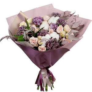 Spray rose: white, cream, light pink 50 cm - 8, Lilac carnation - 12, Cotton bud, Eucalyptus populus (1 pc.), Aspidistra (1 pc.), Wrapping Paper