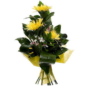 Alstromeria lilac, purple - 3, Yellow chrysanthemum  single-headed Anastasia - 4, Aspidistra (1 pc.), Fatsia (1 pc.), Ruscus, Felt, Ribbon
