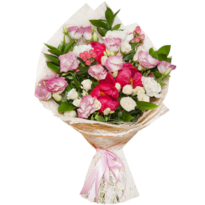 Peony pink - 5, Carnation white, cream - 4, Spray rose: white, cream, light pink 50 cm - 5, Pink Lisianthus (Eustoma) - 4, Hypericum, Ruscus, Sisal, Ribbon