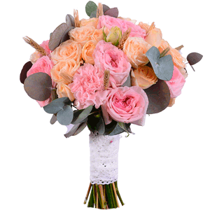David Austin peonyroses - 13, Spray rose: white, cream, light pink 50 cm - 10, Pink carnation - 5, Eucalyptus Cinerea, Ribbon, Dried flowers decor