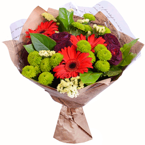 Arrangement of black roses and red gerberas with delivery Kerch