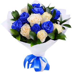 Rose blue - 12, White rose 50 cm Ecuador - 9, Ruscus, Wrapping Paper