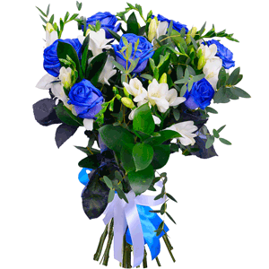 Arrangement of blue roses and freesias with delivery Kerch