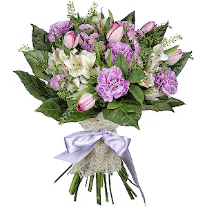 Lilac carnation - 7, Alstromeria white, soft pink - 4, Pink tulip - 8, Pink Statice, Green bell (1 pc.), Fatsia (1 pc.), Ruscus, Sisal, Ribbon