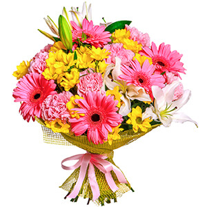Gerbera pink - 9, Pink carnation - 10, Lilies - 5, Bacardi Yellow Spray Chrysanthemum - 8, Pistachio, Mesh (Abaka), Ribbon