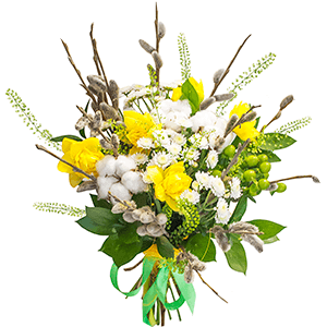 Narcissus - 9, Athos poms Stallion - 4, Bunch of willows, Cotton bud, Green bell (1 pc.), Ruscus, Hypericum, Sisal, Ribbon