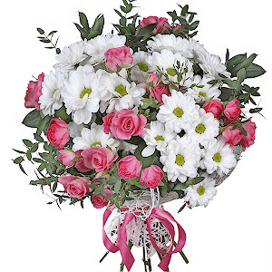 Bacardi White Spray Chrysanthemum - 5, Bright pink spray rose mix, 50 cm - 8, Eucalyptus parvifolia (1 pc.), Ruscus, Mesh (Abaka), Ribbon