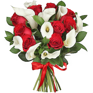 Calla lilies - 13, Red rose 50 cm - 17, Ruscus, Ribbon