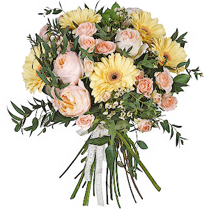 David Austin peonyroses - 7, Gerbera yellow - 7, Spray rose: white, cream, light pink 50 cm - 8, Waxflower (1 pc.), Ruscus, Eucalyptus parvifolia (1 pc.), Ribbon