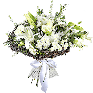 Lilies - 5, Freesia - 4, Athos poms Stallion - 5, Green bell (1 pc.), Eucalyptus parvifolia (1 pc.), The frame of the branches, Mesh (Abaka), Ribbon
