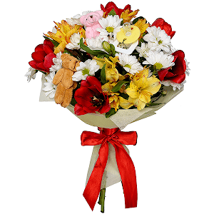 Red tulip - 7, Alstromeria Yellow, Orange - 5, Bacardi White Spray Chrysanthemum - 6, Little Teddy bear 5 cm, Baby's dummy, Felt, Ribbon