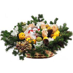 Pink rose 50 cm - 9, Baltica White Spray Chrysanthemum - 3, Tangerine, 1 pc., Spruce branches (1pc.), Medium Basket, Oasis, Box of candies «Raffaello» 150 g, Christmas decor (set)