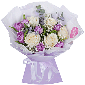 White rose 50 cm - 9, Lilac tulip - 11, Gypsophila - 1, Eucalyptus Cinerea, Wrapping Paper