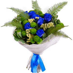 Rose blue - 11, Athos pom Feeling Green - 4, Pittosporum, Yellow Statice, Ambrella, Jute 1 meter, Ribbon