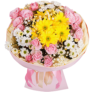 Peony sprayrose - 4, Bacardi Yellow Spray Chrysanthemum - 3, Santini White Spray Chrysanthemum - 4, Gypsophila - 1, Wrapping Paper, Ribbon