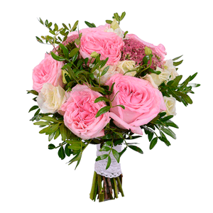 Peony rose pink 'OHara' - 7, lisianthus - 3, Sedum, Pistachio, Ribbon