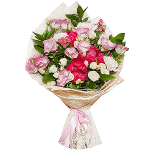 Peony pink - 4, Carnation white, cream - 4, Spray rose: white, cream, light pink 50 cm - 4, Pink Lisianthus (Eustoma) - 3, Hypericum, Ruscus, Sisal, Ribbon