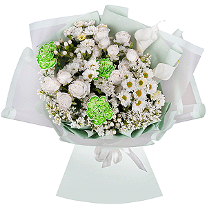 Green carnation - 5, Spray rose: white, cream, light pink 50 cm - 3, Santini White Spray Chrysanthemum - 4, Calla lilies - 2, White Lilac - 3, Hypericum, White statice, Wrapping Paper