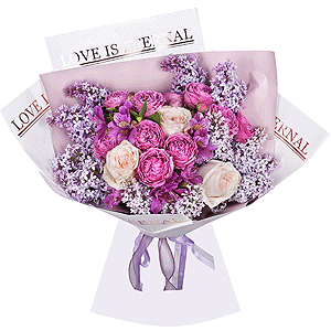 Peony style roses - 5, Alstromeria lilac, purple - 4, Spray peony rose Misty Bubbles, 50 cm - 3, Lilac Bush - 4, Wrapping Paper, Ribbon