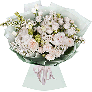 Peony white - 3, Peony style roses - 5, Peony sprayrose - 8, lisianthus - 5, Carnation white, cream - 5, White Lilac - 5, Wrapping Paper, Ribbon