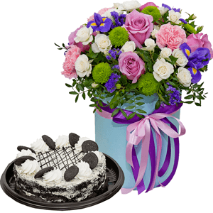 Deep Purple rose - 7, Spray rose: white, cream, light pink 50 cm - 10, Pink carnation - 4, Irises - 4, Athos pom Feeling Green - 3, Round flower box medium, Oasis, Film, Pistachio, Blue Statice, Cake in assortment, Ribbon