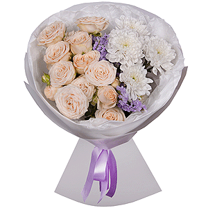 Peony sprayrose - 2, Baltica White Spray Chrysanthemum - 2, Blue Statice, Wrapping Paper