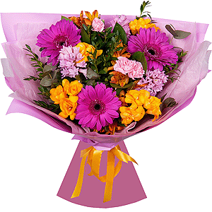 Purple gerbera - 5, Pink Hyacinth - 4, Alstromeria Yellow, Orange - 5, Pink spray carnation - 5, Freesia - 4, Pistachio, Eucalyptus, Wrapping Paper
