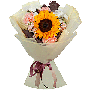 Sunflower - 1, Newton White Spray Chrysanthemum - 3, Pink carnation - 5, Pink Matthiola - 2, Salal, Wrapping Paper