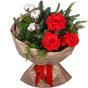 Rose Red 50 cm Ecuador - 5, Spruce branches (1pc.), Thuja, Cotton branch, Wrapping Paper