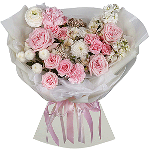 Ranunculus White - 1, Peony rose pink 'OHara' - 3, White Matthiola - 2, Bright pink spray rose mix, 50 cm - 3, Pink carnation - 9, Alstromeria white, soft pink - 2, Newton White Spray Chrysanthemum - 1, Baltica White Spray Chrysanthemum - 1, Ozotamnus, Wrapping Paper