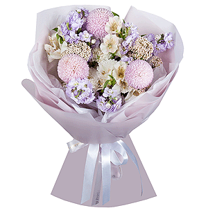 Momoko Chrysanthemum - 3, Baltica White Spray Chrysanthemum - 1, Matthiola Lilac - 3, Alstromeria white, soft pink - 7, Ozotamnus, Wrapping Paper