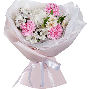 Alstromeria white, soft pink - 5, Pink carnation - 5, Chrysanthemum white Bigoudi - 1, Wrapping Paper