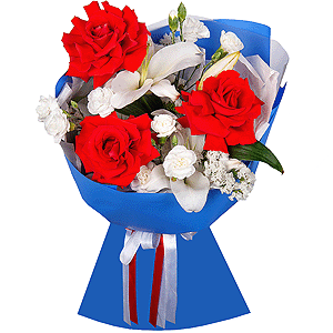 Lilies - 1, Red rose Nina 50 cm - 7, White spray carnation - 5, White statice, Wrapping Paper