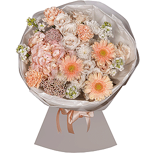 Pink Hydrangea - 1, Spray rose: white, cream, light pink 50 cm - 2, White Matthiola - 5, Cream gerbera - 5, Baltica White Spray Chrysanthemum - 2, Carnation white, cream - 5, Ozotamnus, Wrapping Paper