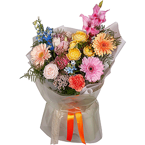 Gerbera daisies - 2, Pink Gladiolus - 1, Pink carnation - 3, Peony sprayrose - 1, Pink Lisianthus (Eustoma) - 1, Spray rose: yellow, orange 50 cm - 1, Gerbera pink - 2, Cream gerbera - 1, Blue Delphinium, Asparagus setaceus (1 pc.), Wrapping Paper