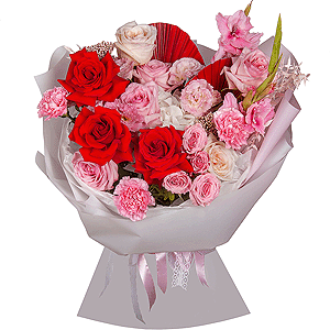 Pink Gladiolus - 2, Peony rose pink 'OHara' - 6, Red rose Nina 50 cm - 5,  White Hydrangea - 1, Pink Lisianthus (Eustoma) - 2, Bright pink spray rose mix, 50 cm - 2, Pink carnation - 7, Ozotamnus, Dried flowers decor, Wrapping Paper