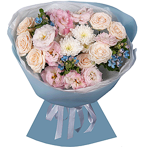 Peony sprayrose - 2, Pink Lisianthus (Eustoma) - 2, Baltica White Spray Chrysanthemum - 3, Oksipetalum, Wrapping Paper